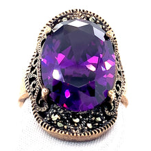 Load image into Gallery viewer, Sterling Silver Marcasite and synthetic Amethyst Ring
