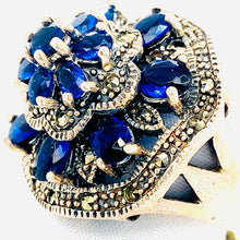 Load image into Gallery viewer, Sterling Silver Marcasite and Blue CZ Cocktail Ring
