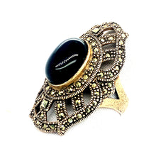 Load image into Gallery viewer, Sterling Silver Marcasite and Onyx Cocktail Ring