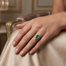Load image into Gallery viewer, Colombian Pear Shaped Emerald &amp; Diamond Ring in 18K Yellow Gold
