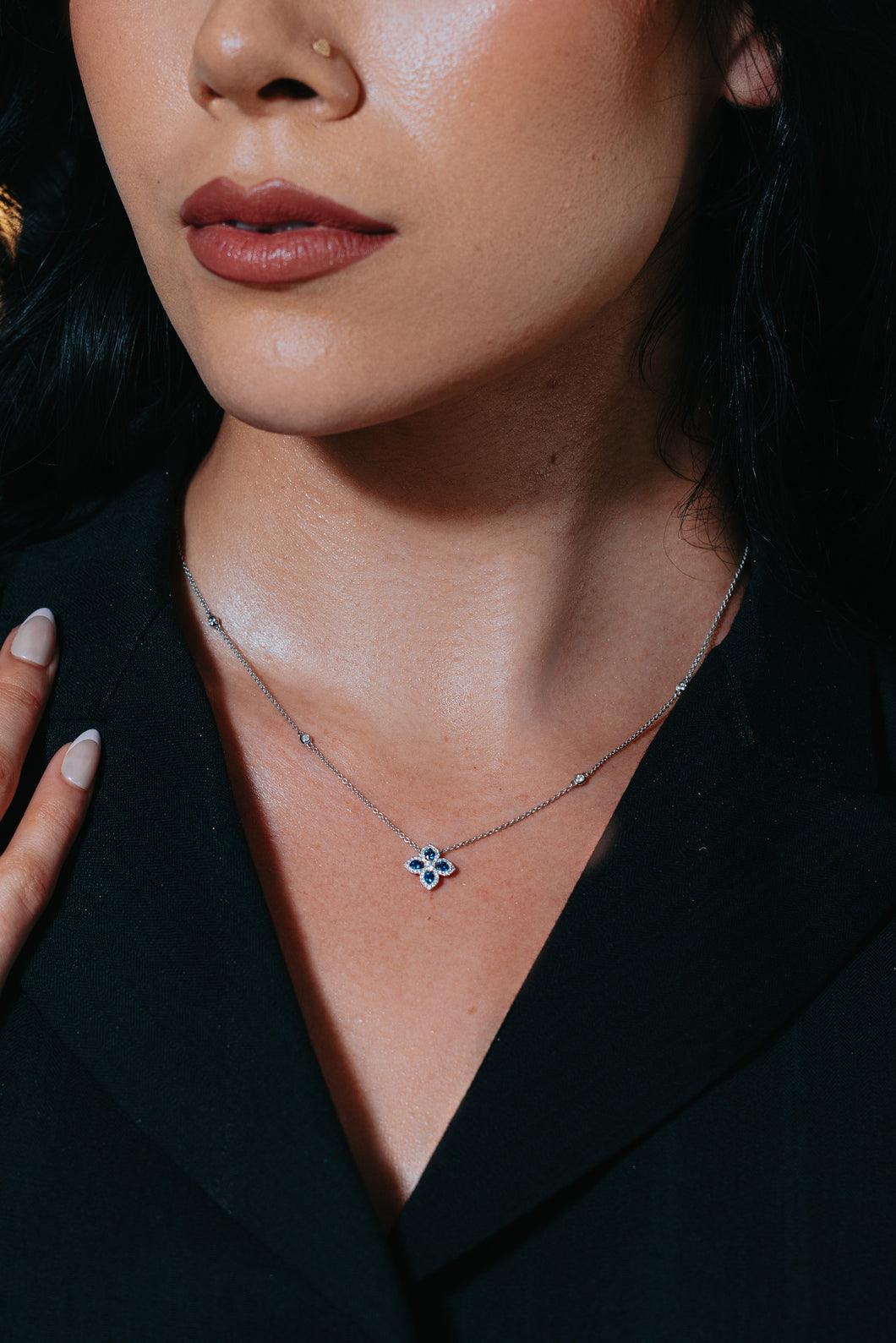 Diamond & Blue Sapphire Clover Necklace