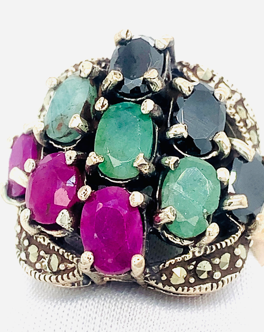 Sterling Silver Marcasite and Multi Precious Stone Ring