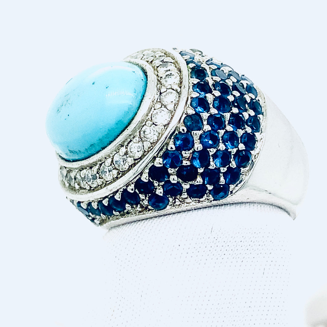 Sterling Silver Oval Turquoise and CZ Cocktail Ring