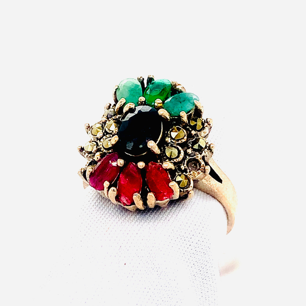 Sterling Silver Colorful Multi Stone Marcasite Ring