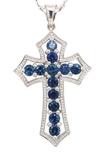 Load image into Gallery viewer, Cross with Blue Sapphire Pendant set in 14K White Gold
