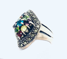 Load image into Gallery viewer, Sterling Silver Marcasite and Multicolor Stone Ring
