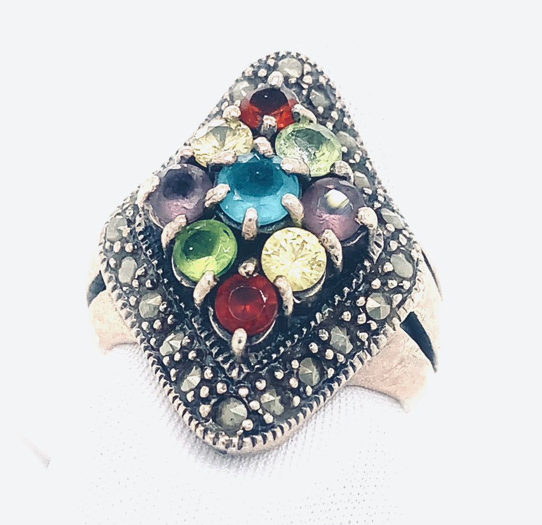 Sterling Silver Marcasite and Multicolor Stone Ring