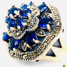 Load image into Gallery viewer, Sterling Silver Marcasite and Blue CZ Cocktail Ring
