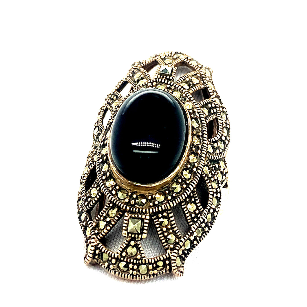 Sterling Silver Marcasite and Onyx Cocktail Ring