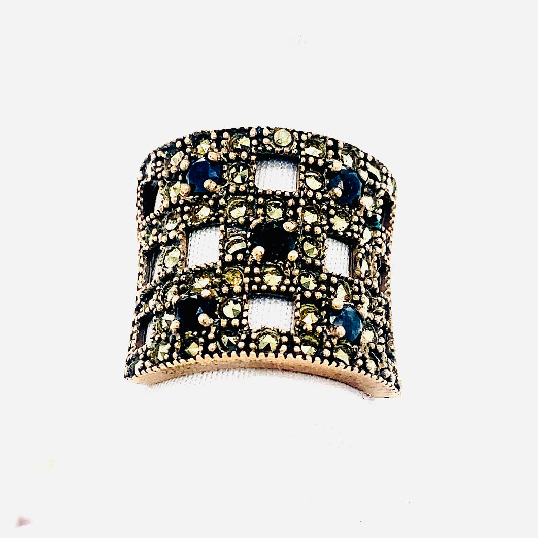 Sterling Silver Marcasite and Sapphire Square Cocktail Ring